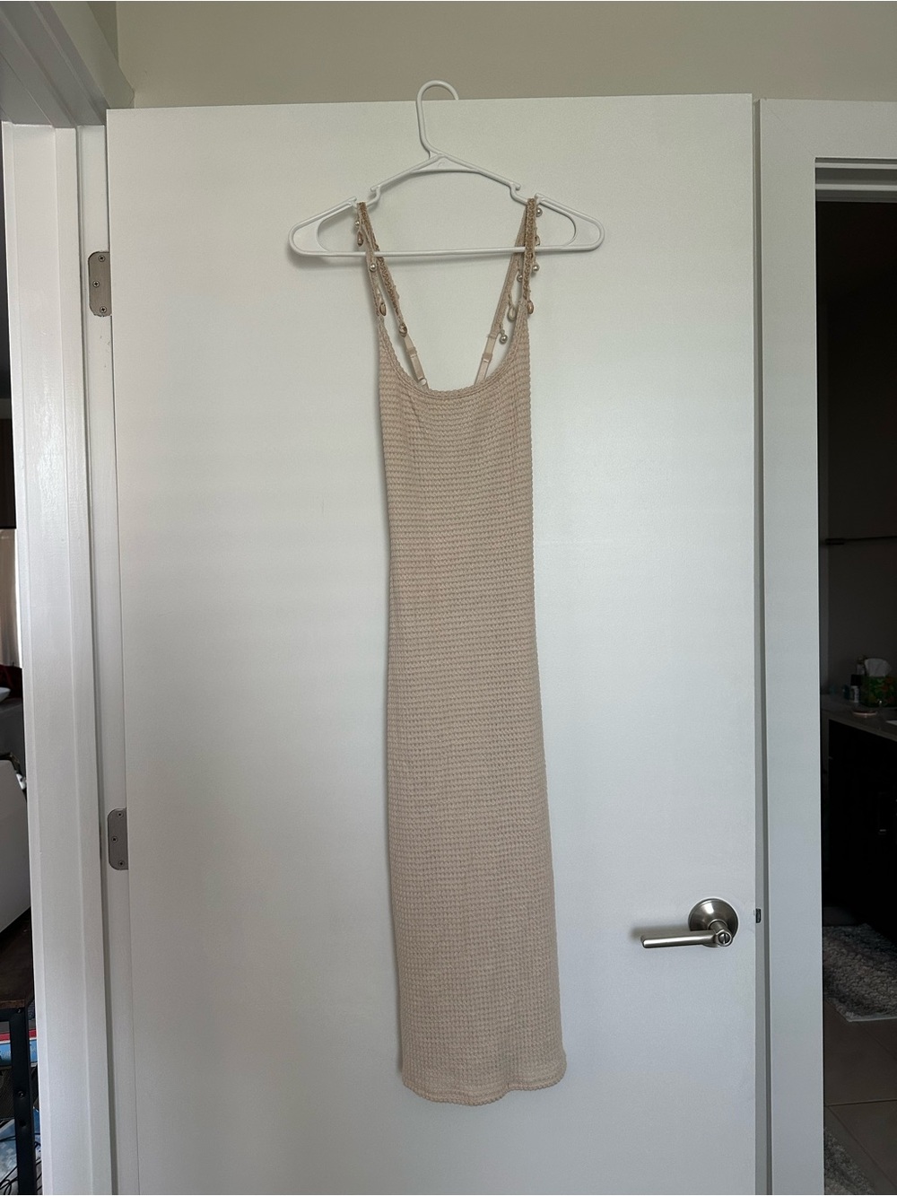 Beige Knit Maxi Slip Dress with Beaded Straps